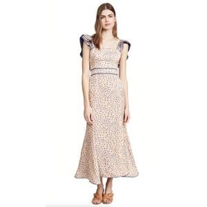 AZULU x BHLDN Kano Flutter Sleeve Maxi Dress Blue Dots Tan Sz 0 $440 {II4}